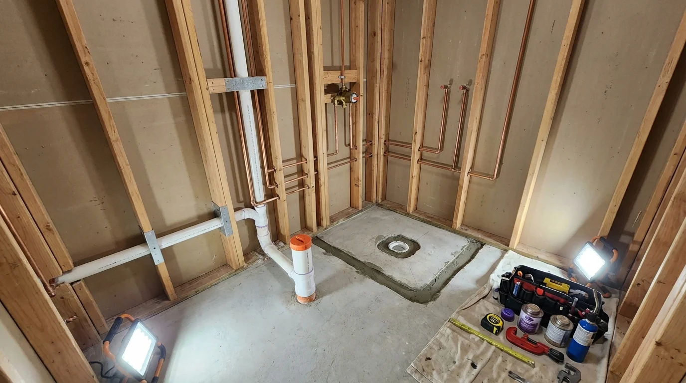 Bathroom rough-in plumbing during remodel by Johns Plumbing LLC in Westmont