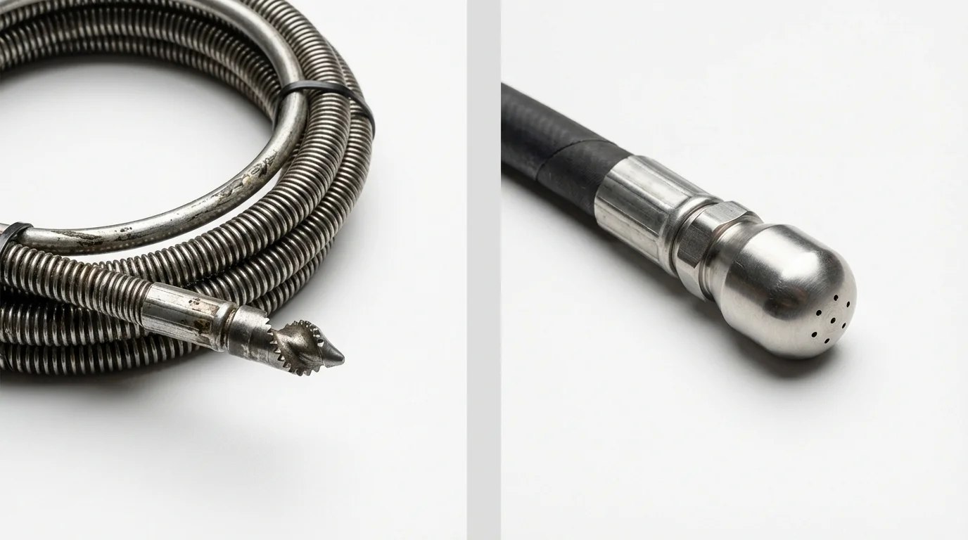 Drain snake cable and hydro jetting nozzle used for drain cleaning in Westmont, IL