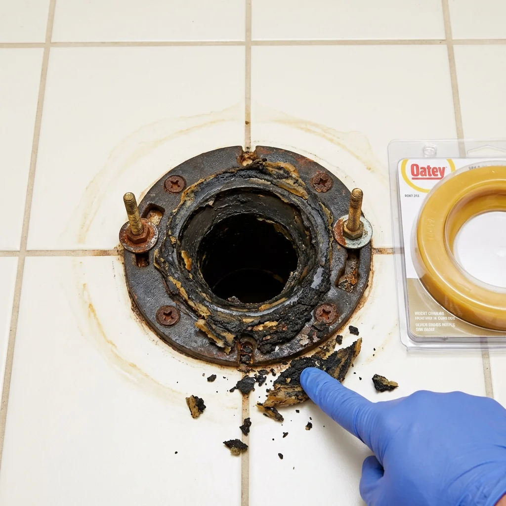 Failed wax ring showing water seepage at the base of a toilet in a Westmont, IL home