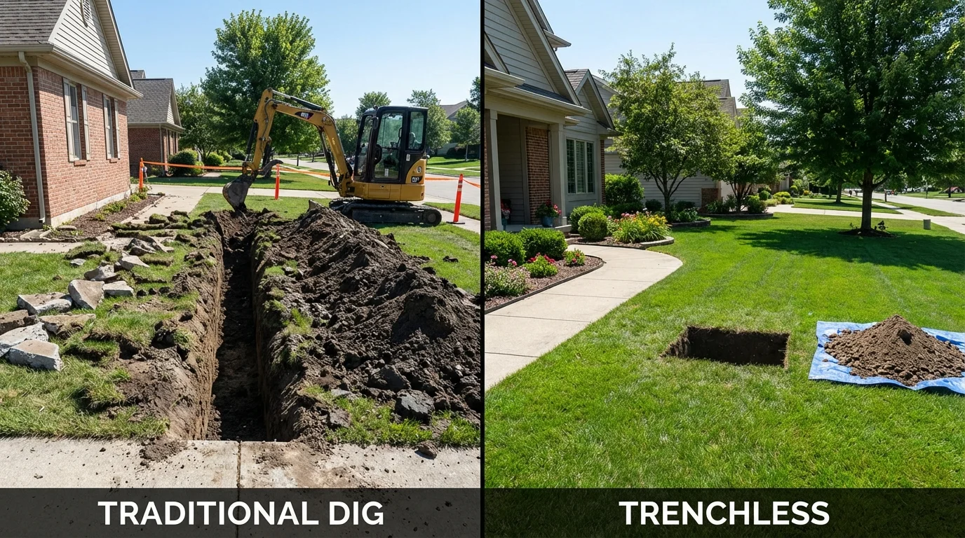 Trenchless sewer repair with minimal yard damage versus traditional excavation in Westmont, IL